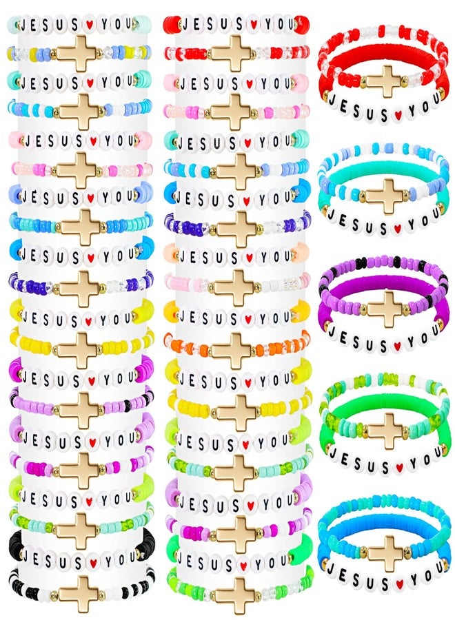 yesaior 60 Pcs Jesus You Christian Bracelets Bulk WWJD Colorful Friendship Bracelet for Women Religious Cross Beaded Wristband for Christmas Church Reminder Jewelry Gift (Golden Cross) - Image 1